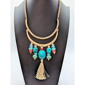 Chico's Gold Tone Faux Turquoise Coral Sea Glass Tassel Bib 15"-18.5" Necklace